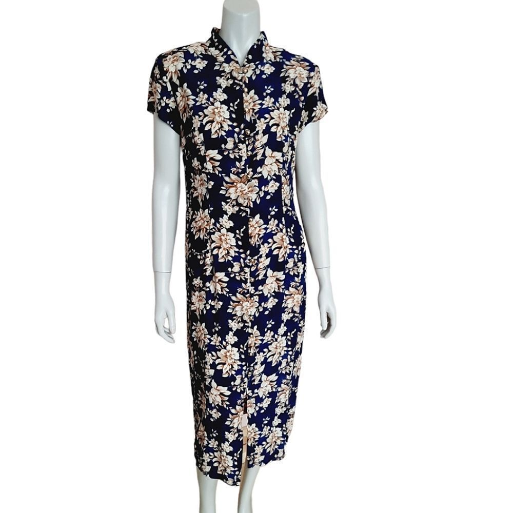Vintage 90s Dress size Small Mandarin Collar Column Style Midi Length